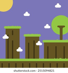 Plano de fundo de videogames. Uma cena da natureza de modelo de jogo. Modelo de plano de fundo do jogo de plataforma