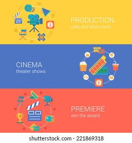 Flat video movie production cinema design icons set casting producing director filming. Modern web click infographics style vector illustration concept collection. 