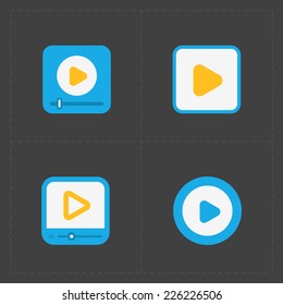 Flat video player icons on dark background.