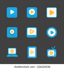 Flat video player icons on dark background.