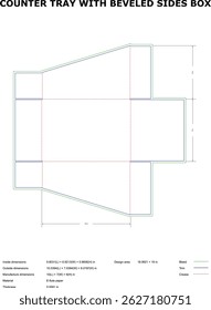 Flat view blueprint design of a counter display tray box with beveled sides showing measurements and dimensions for diecut creation.