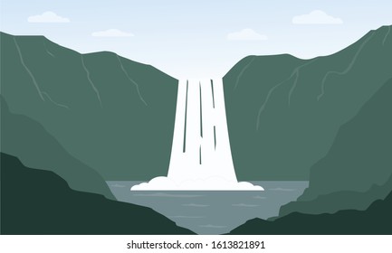 Flat view of mountains and waterfalls