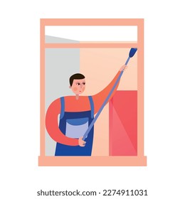 Flat view from neighbor window with male cleaner cleaning room vector illustration