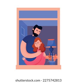 Flat view from neighbors apartment window with hugging couple vector illustration