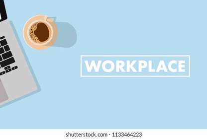 Flat view top down to the working space table with laptop and coffee with copy space for your text -workplace