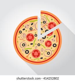 Flat vigetarian slice of pizza with tomato and mushrooms.