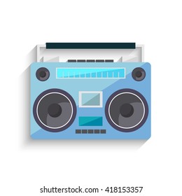 Flat vintage blue tape recorder for audio cassettes. Music boombox. Modern trendy design for music concept. Poster, card, leaflet or banner template design with place for text. Vector illustration.