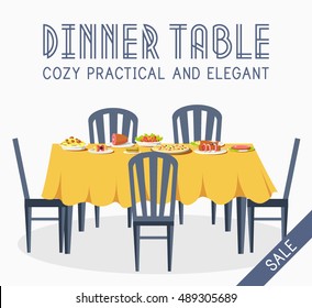 Flat Vintage Dinner Table With Many Food Background Vector Illustration Concept