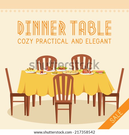 Flat vintage dinner table with many food background vector illustration concept