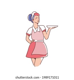 Flat vintage illustration of waitress bring plate vector. Cute beauty waitress vector illustration in vintage flat with color overlapping and dotted pattern. Women illustration