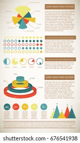 Flat vintage infographics elements in bright colors showing statistics with text fields vector illustration