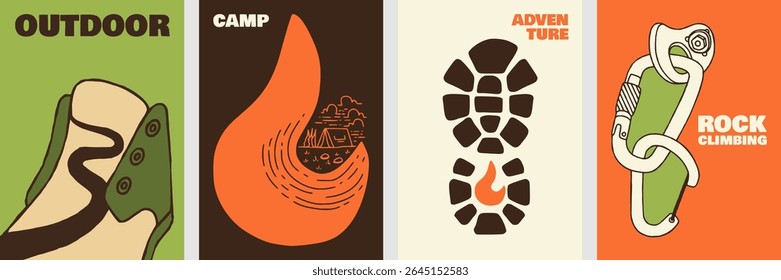 Flat Vintage Outdoor Adventure Poster Set Camping, Hiking, Climbing, and Nature Exploration Illustration.