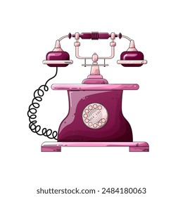 the flat vintage retro cartoon isolated violet telephone for digital illustrations, stickers, cards, post, prints. The the flat vintage retro cartoon isolated violet telephone