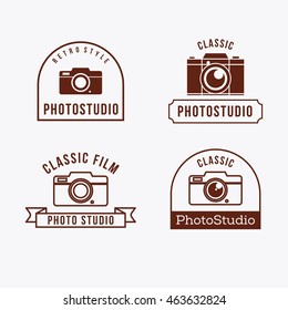 Flat vintage, retro, classic Photography studio logo or badge set. One color. Black and white. vintage camera. Simple logogram.