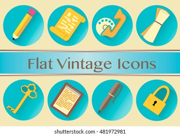 flat vintage round icons set with shadow. Office, education concept.