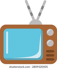 A flat of a vintage television set. The television has a brown casing and a bright blue screen. Two grey and white striped antennas extend upwards from the Two circular grey knobs are visible on the right side of the screen, along with a small rectangular speaker grille below them. The is set against a clean white background, highlighting the retro of the television.