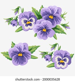 Violetas planas de época y colección de brotes. Un ramo de flores decorativo. Ilustración de material vectorial.	