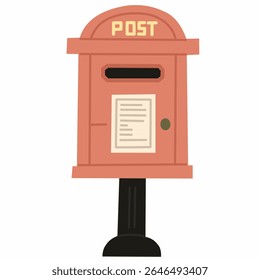 Ilustração de caixa de correio estilo vintage plana em tons vermelhos com rótulo "POST". Ideal para correspondência postal, entrega ou temas de correio clássico em formato de vetor plano.