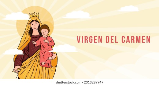 flat virgen del carmen hand drawn horizontal banner illustration