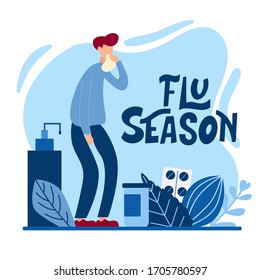 Flaches Virus-Personenkonzept mit handgezeichneter Schrift. Fang eine Erkältung. Grippe flach winzige Menschen Konzept. Vor Viren schützen. Pharmakotherapie und Gewebehilfe. Vektorillustration.