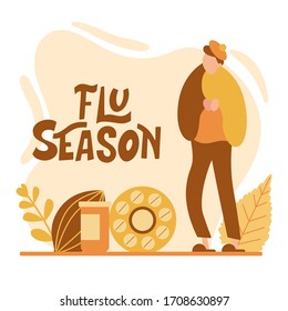 Flat virus persons concept with hand drawn lettering. Catch a cold. Flu flat tiny people concept. Protect from viruses. Pharmacy therapy and tissue help. Vector illustration.