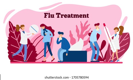 Flat virus persons concept. Having cold, tablets, hot drinks, a thermometer. Flu flat tiny people concept. Man and Woman Characters. Protect from viruses. Vector illustration.