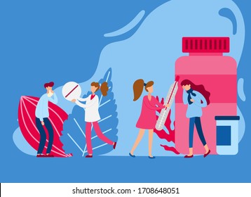 Flat virus persons concept. Having cold, tablets, hot drinks, a thermometer. Flu flat tiny people concept. Man and Woman Characters. Protect from viruses. Vector illustration.