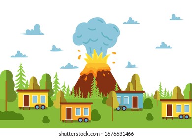 Flaches Vulkanausbruch Dorf, Brandkatastrophe und unglückliche Design-Vektorillustration Illustration. Unwetter, Zerstörung von Häusern und Wäldern, Asche in die Atmosphäre werfen.