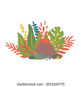 Flat Volcano with flowers, leaves and herbs behind. Decorative floral, botanical background. Perfect for greeting card, sublimation printing on t shirt, mug, poster