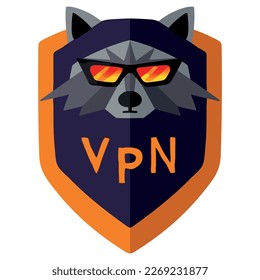 Flat VPN icon with a raccoon head in sunglasses on a shield on white bakground. Vector illustration. Virtual Private Network icon. Internet Security VPN Concept Icon