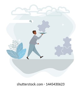 Flat waiter man puzzle landing, great garcon design for any purposes. Successful business man working. Communication, connection concept. Corporate business puzzle concept. Successful business team