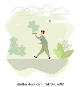 Flat waiter man puzzle landing, great garcon design for any purposes. Successful business man working. Communication, connection concept. Corporate business puzzle concept. Successful business team