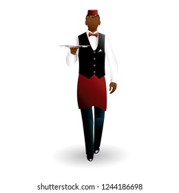 Flat walking bronze waiter with dish tray icon isolated on white background