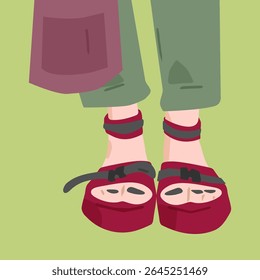 Flat Walking Sandals and Legs. Red strapped walking sandals on bare feet with rolled-up green pants, top-down view. Flat cartoon style with soft earthy palette, isolated composition.
