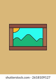 Flat wall frame vector, landscape picture, mountain and sun illustration, wooden frame art, minimalist decor icon.