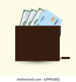 Flat wallet with card and cash. Vector illustration icon Modern design