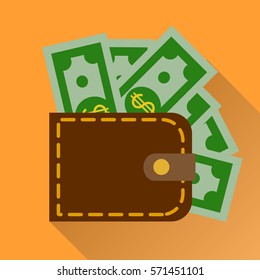 Flat wallet with cash. Vector illustration, icon with long shadow. Modern design