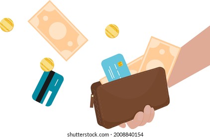 Cartera plana en la mano. Vector de ilustración plana aislado. Ilustración vectorial moderna. 