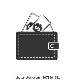 Flat wallet icon isolated on whie background, vector illustration.  Money in wallet.