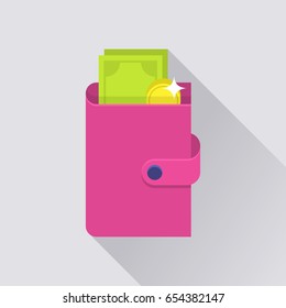 Flat wallet icon. Pink wallet with cash and coin. Internet sign with long shadow in cartoon style. Web and mobile design element. Money symbol. Vector colored illustration.