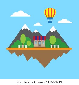 Flat wallpaper with mountains, house, balloon