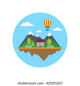 Flat wallpaper with mountains, house, balloon