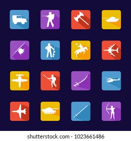 Flat war burden icons set. Simple set of 16 Equipment Accessories vector icons for web isolated on red yellow and violet squares. Dark blue background