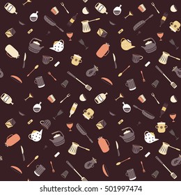 Flat ware pattern. Vintage kitchen utensils textile. Multi-colored poster. Dishware color