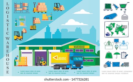 Flat warehouse colorful composition with storage workers forklifts truck boxes logistics and delivery elements vector illustration