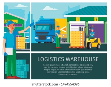 Flat warehouse logistics colorful concept with storage workers and man driving forklift and transporting boxes for truck loading vector illustration