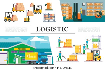 Flat warehouse logistics composition with truck forklifts storage workers boxes loading weighing lifting and transportation processes vector illustration