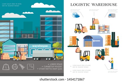 Flat warehouse logistics concept with truck loading process storage workers forklifts different boxes and containers vector illustration
