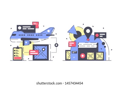 Flat warehouse and logistics icon set with cargo airplane, storage. Concept collection modern symbols for modern air delivery, internet, ad, web. Pixel perfect. Vector illustration.