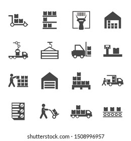 Flat warehouse logistics icons collection with truck loading barcode scanner pallets with boxes scales forklift checklist storage building conveyor belt container. Isolated vector illustration